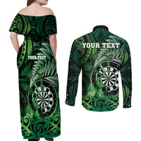 Personalised New Zealand Darts Couples Matching Off Shoulder Maxi Dress and Long Sleeve Button Shirt Maori Koru Dartboard Green Flame LT05 - Polynesian Pride