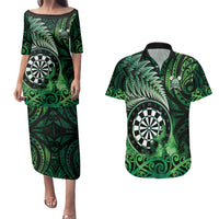 Personalised New Zealand Darts Couples Matching Puletasi and Hawaiian Shirt Maori Koru Dartboard Green Flame LT05 Green - Polynesian Pride
