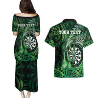 Personalised New Zealand Darts Couples Matching Puletasi and Hawaiian Shirt Maori Koru Dartboard Green Flame LT05 - Polynesian Pride