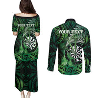 Personalised New Zealand Darts Couples Matching Puletasi and Long Sleeve Button Shirt Maori Koru Dartboard Green Flame LT05 - Polynesian Pride