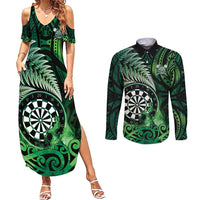 Personalised New Zealand Darts Couples Matching Summer Maxi Dress and Long Sleeve Button Shirt Maori Koru Dartboard Green Flame LT05 Green - Polynesian Pride