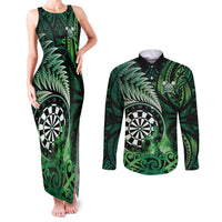 Personalised New Zealand Darts Couples Matching Tank Maxi Dress and Long Sleeve Button Shirt Maori Koru Dartboard Green Flame LT05 Green - Polynesian Pride
