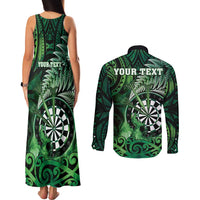 Personalised New Zealand Darts Couples Matching Tank Maxi Dress and Long Sleeve Button Shirt Maori Koru Dartboard Green Flame LT05 - Polynesian Pride