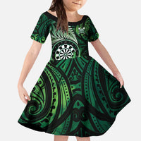 Personalised New Zealand Darts Family Matching Off The Shoulder Long Sleeve Dress and Hawaiian Shirt Maori Koru Dartboard Green Flame LT05 Daughter's Dress Green - Polynesian Pride