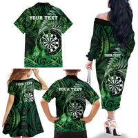 Personalised New Zealand Darts Family Matching Off The Shoulder Long Sleeve Dress and Hawaiian Shirt Maori Koru Dartboard Green Flame LT05 - Polynesian Pride