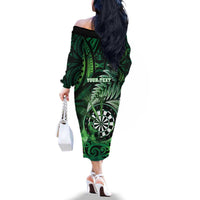 Personalised New Zealand Darts Family Matching Off The Shoulder Long Sleeve Dress and Hawaiian Shirt Maori Koru Dartboard Green Flame LT05 - Polynesian Pride