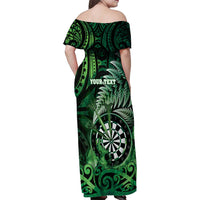 Personalised New Zealand Darts Family Matching Off Shoulder Maxi Dress and Hawaiian Shirt Maori Koru Dartboard Green Flame LT05 - Polynesian Pride
