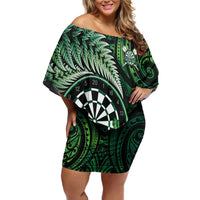 Personalised New Zealand Darts Family Matching Off Shoulder Short Dress and Hawaiian Shirt Maori Koru Dartboard Green Flame LT05 Mom's Dress Green - Polynesian Pride