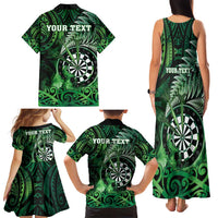 Personalised New Zealand Darts Family Matching Tank Maxi Dress and Hawaiian Shirt Maori Koru Dartboard Green Flame LT05 - Polynesian Pride