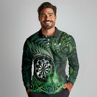 Personalised New Zealand Darts Long Sleeve Polo Shirt Maori Koru Dartboard Green Flame LT05 - Polynesian Pride