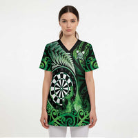 Personalised New Zealand Darts Scrub Top Maori Koru Dartboard Green Flame - Polynesian Pride