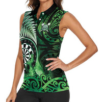 Personalised New Zealand Darts Women Sleeveless Polo Shirt Maori Koru Dartboard Green Flame LT05 - Polynesian Pride