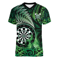 Personalised New Zealand Darts Women V-Neck T-Shirt Maori Koru Dartboard Green Flame LT05 Female Green - Polynesian Pride