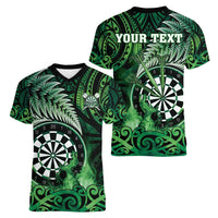 Personalised New Zealand Darts Women V-Neck T-Shirt Maori Koru Dartboard Green Flame LT05 - Polynesian Pride
