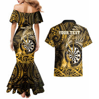 Personalised New Zealand Darts Couples Matching Mermaid Dress and Hawaiian Shirt Maori Koru Dartboard Gold Flame LT05 - Polynesian Pride