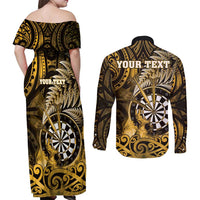 Personalised New Zealand Darts Couples Matching Off Shoulder Maxi Dress and Long Sleeve Button Shirt Maori Koru Dartboard Gold Flame LT05 - Polynesian Pride