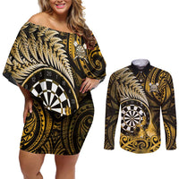 Personalised New Zealand Darts Couples Matching Off Shoulder Short Dress and Long Sleeve Button Shirt Maori Koru Dartboard Gold Flame LT05 Gold - Polynesian Pride