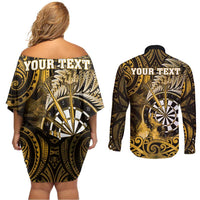 Personalised New Zealand Darts Couples Matching Off Shoulder Short Dress and Long Sleeve Button Shirt Maori Koru Dartboard Gold Flame LT05 - Polynesian Pride