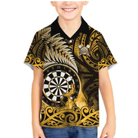 Personalised New Zealand Darts Family Matching Mermaid Dress and Hawaiian Shirt Maori Koru Dartboard Gold Flame LT05 Son's Shirt Gold - Polynesian Pride