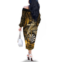 Personalised New Zealand Darts Family Matching Off The Shoulder Long Sleeve Dress and Hawaiian Shirt Maori Koru Dartboard Gold Flame LT05 - Polynesian Pride