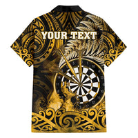 Personalised New Zealand Darts Family Matching Off Shoulder Short Dress and Hawaiian Shirt Maori Koru Dartboard Gold Flame LT05 - Polynesian Pride
