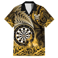 Personalised New Zealand Darts Family Matching Short Sleeve Bodycon Dress and Hawaiian Shirt Maori Koru Dartboard Gold Flame LT05 Dad's Shirt - Short Sleeve Gold - Polynesian Pride