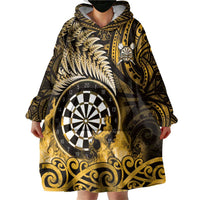 Personalised New Zealand Darts Wearable Blanket Hoodie Maori Koru Dartboard Gold Flame LT05 - Polynesian Pride
