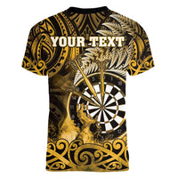 Personalised New Zealand Darts Women V-Neck T-Shirt Maori Koru Dartboard Gold Flame LT05 - Polynesian Pride
