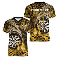 Personalised New Zealand Darts Women V-Neck T-Shirt Maori Koru Dartboard Gold Flame LT05 - Polynesian Pride
