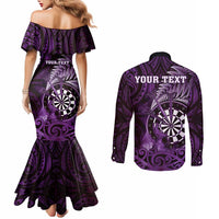 Personalised New Zealand Darts Couples Matching Mermaid Dress and Long Sleeve Button Shirt Maori Koru Dartboard Purple Flame LT05 - Polynesian Pride