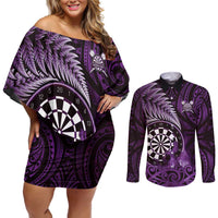 Personalised New Zealand Darts Couples Matching Off Shoulder Short Dress and Long Sleeve Button Shirt Maori Koru Dartboard Purple Flame LT05 Purple - Polynesian Pride