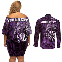 Personalised New Zealand Darts Couples Matching Off Shoulder Short Dress and Long Sleeve Button Shirt Maori Koru Dartboard Purple Flame LT05 - Polynesian Pride