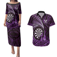 Personalised New Zealand Darts Couples Matching Puletasi and Hawaiian Shirt Maori Koru Dartboard Purple Flame LT05 Purple - Polynesian Pride