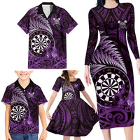 Personalised New Zealand Darts Family Matching Long Sleeve Bodycon Dress and Hawaiian Shirt Maori Koru Dartboard Purple Flame LT05 - Polynesian Pride