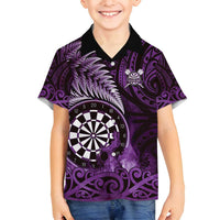 Personalised New Zealand Darts Family Matching Off Shoulder Maxi Dress and Hawaiian Shirt Maori Koru Dartboard Purple Flame LT05 Son's Shirt Purple - Polynesian Pride