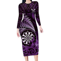 Personalised New Zealand Darts Long Sleeve Bodycon Dress Maori Koru Dartboard Purple Flame LT05 Long Dress Purple - Polynesian Pride