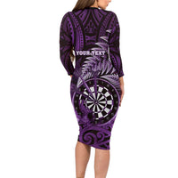 Personalised New Zealand Darts Long Sleeve Bodycon Dress Maori Koru Dartboard Purple Flame LT05 - Polynesian Pride