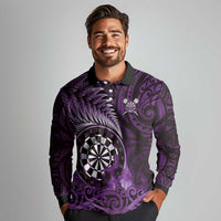 Personalised New Zealand Darts Long Sleeve Polo Shirt Maori Koru Dartboard Purple Flame LT05 - Polynesian Pride