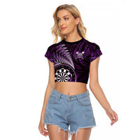 Personalised New Zealand Darts Raglan Cropped T Shirt Maori Koru Dartboard Purple Flame LT05 Female Purple - Polynesian Pride