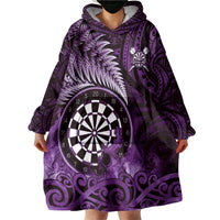 Personalised New Zealand Darts Wearable Blanket Hoodie Maori Koru Dartboard Purple Flame LT05 - Polynesian Pride