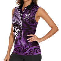 Personalised New Zealand Darts Women Sleeveless Polo Shirt Maori Koru Dartboard Purple Flame LT05 - Polynesian Pride