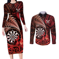 Personalised New Zealand Darts Couples Matching Long Sleeve Bodycon Dress and Long Sleeve Button Shirt Maori Koru Dartboard Red Flame LT05 Red - Polynesian Pride