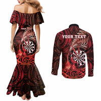 Personalised New Zealand Darts Couples Matching Mermaid Dress and Long Sleeve Button Shirt Maori Koru Dartboard Red Flame LT05 - Polynesian Pride
