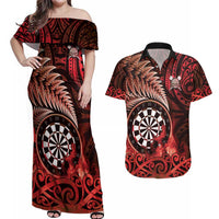 Personalised New Zealand Darts Couples Matching Off Shoulder Maxi Dress and Hawaiian Shirt Maori Koru Dartboard Red Flame LT05 Red - Polynesian Pride