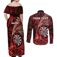 Personalised New Zealand Darts Couples Matching Off Shoulder Maxi Dress and Long Sleeve Button Shirt Maori Koru Dartboard Red Flame LT05 - Polynesian Pride