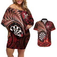 Personalised New Zealand Darts Couples Matching Off Shoulder Short Dress and Hawaiian Shirt Maori Koru Dartboard Red Flame LT05 Red - Polynesian Pride