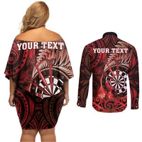 Personalised New Zealand Darts Couples Matching Off Shoulder Short Dress and Long Sleeve Button Shirt Maori Koru Dartboard Red Flame LT05 - Polynesian Pride