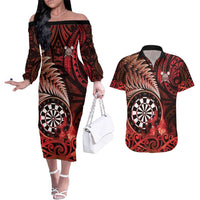 Personalised New Zealand Darts Couples Matching Off The Shoulder Long Sleeve Dress and Hawaiian Shirt Maori Koru Dartboard Red Flame LT05 Red - Polynesian Pride