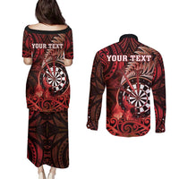 Personalised New Zealand Darts Couples Matching Puletasi and Long Sleeve Button Shirt Maori Koru Dartboard Red Flame LT05 - Polynesian Pride