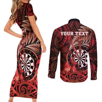 Personalised New Zealand Darts Couples Matching Short Sleeve Bodycon Dress and Long Sleeve Button Shirt Maori Koru Dartboard Red Flame LT05 - Polynesian Pride